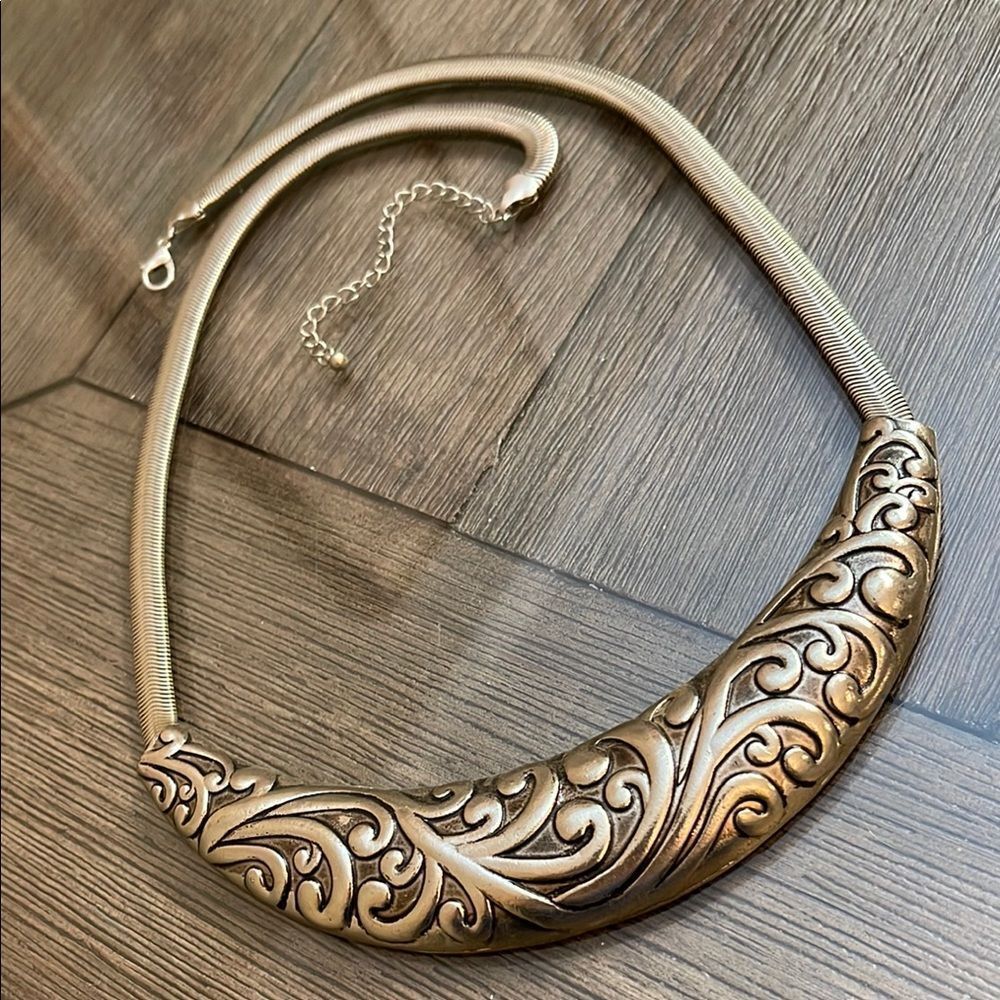 Vintage Antique Silver-tone Bib Necklace Strung on a Flat Snake Chain